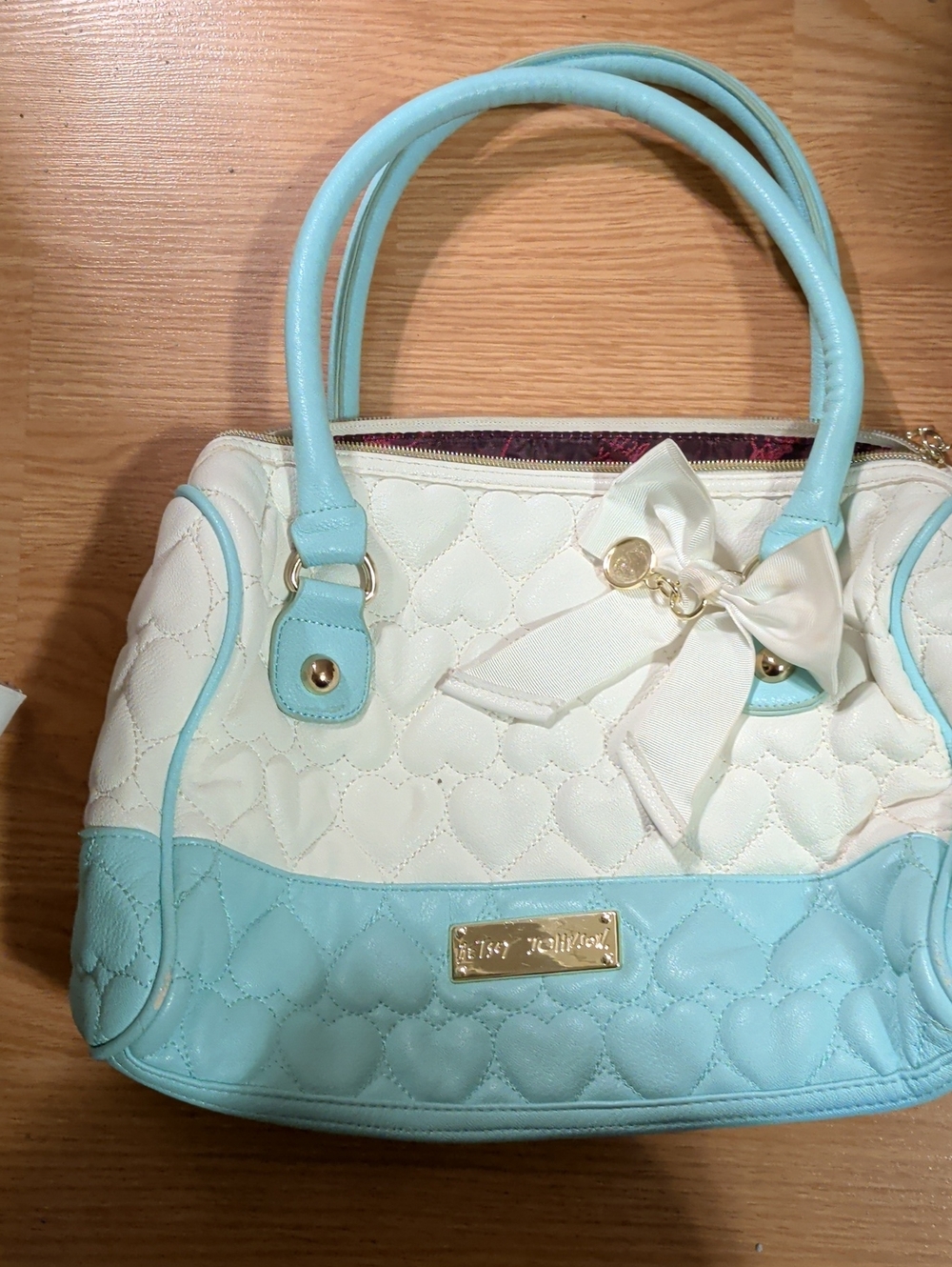 Betsey Johnson Cream & Light Blue Heart-Quilted Satchel with Bow